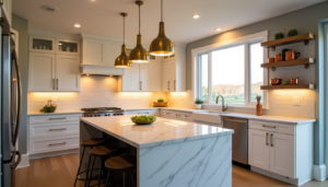 Modern kitchen with white cabinets, a marble island, and sleek kitchen light fixtures.