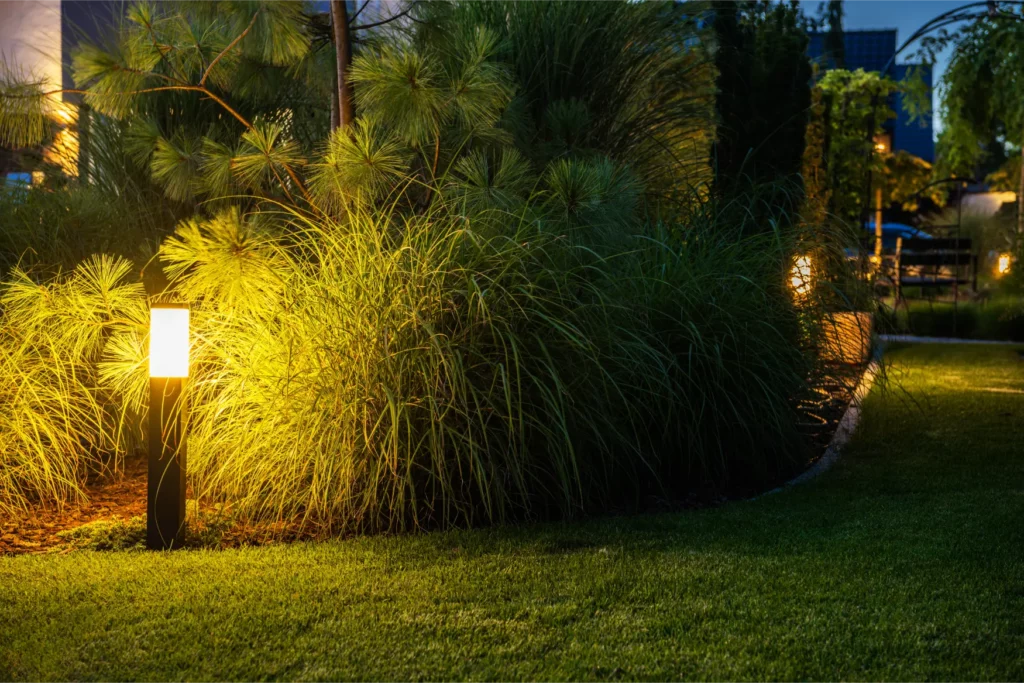 Ilumine sus exteriores con Dominion Lighting: Ideas inspiradoras de iluminación exterior para cada espacio 2 A lit garden pathway bordered by tall ornamental grass and greenery at night.
